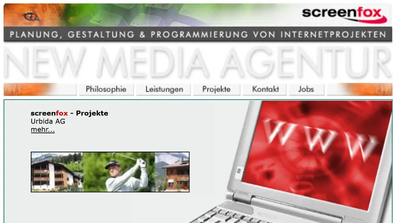 Kopfbereich der Website screenfox.de im Jahr 2003: „New Media Agentur – Planung, Gestaltung & Programmierung von Internetprojekten“ (Archivfassung)