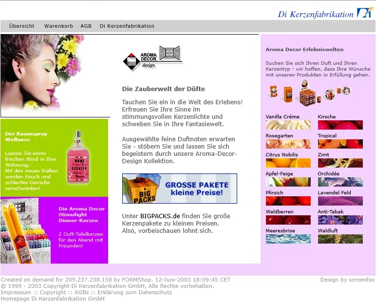 Online-Shop von Aroma Decor der Di Kerzenfabrikation im Juni 2003 mit Duftsorten (Archivfassung)